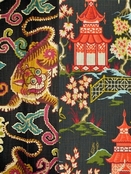 black and multi color Chinoiserie Motif fabrics