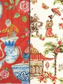 Red, coral and blush color Chinoiserie Motif fabrics 