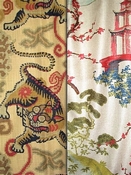 Chinoiserie Motif fabrics colored in gold, tan and bronze