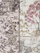 Chinoiserie Motif fabrics colored in silver, pewter and natural 
