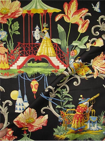 East Of The Moon Night Black Multicolored Aisan Toile Waverly Fabric 