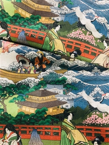 VINTAGE  CHINOISERIE COTTON VELVET FABRIC ASIAN DESIGN YELLOW 4 YDS AVAILBLE 